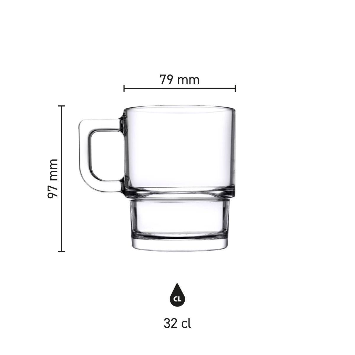 Infographic van theeglas Hill 32 cl in glas met productafmetingen, hoogte en diameter overzichtelijk weergegeven.