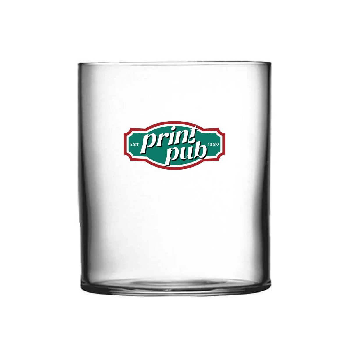Top Class tumbler glas van 37 cl met PrintPub-logo in kleur op de voorkant, transparant drinkglas met bedrukking.
