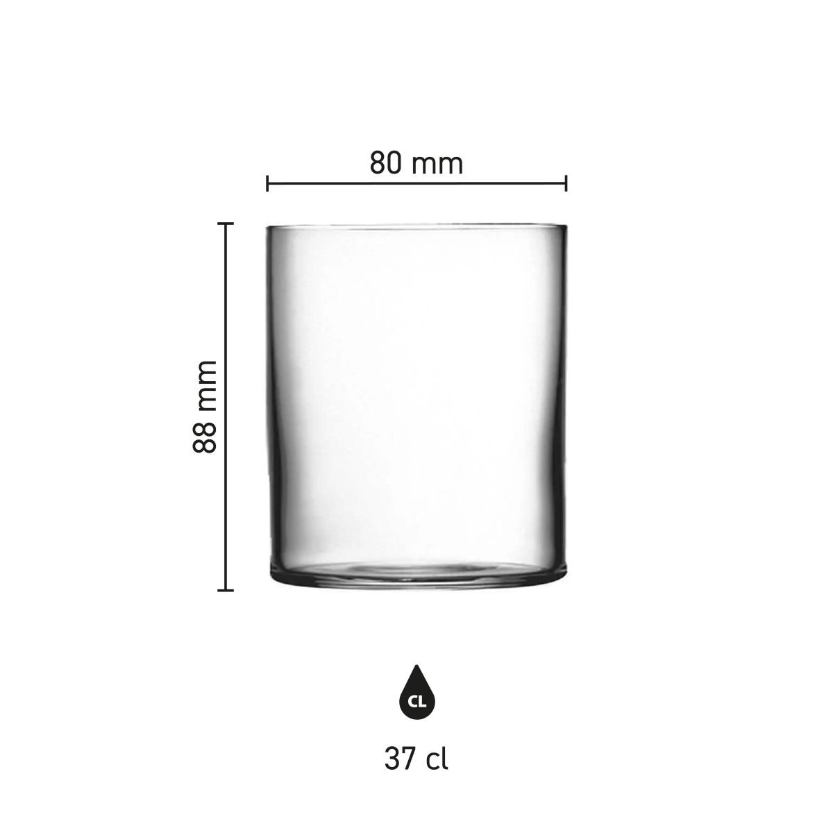 Infographic met afmetingen van de Top Class tumbler 37 cl, transparant drinkglas met duidelijk maatoverzicht.