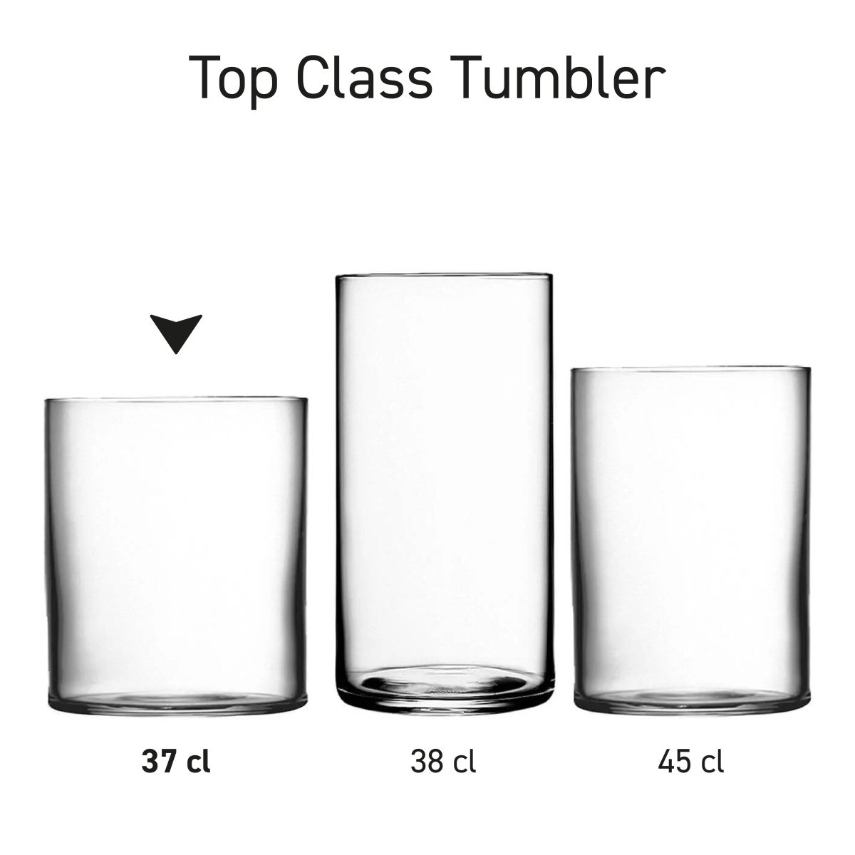 Serie Top Class tumbler glazen van verschillende afmetingen naast elkaar, transparant drinkglas in uniforme opstelling.