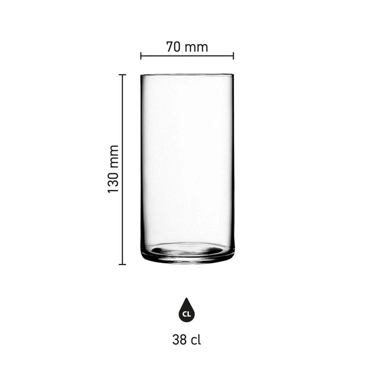 Infographic met afmetingen van de Top Class tumbler 38 cl, transparant drinkglas met duidelijk maatoverzicht.