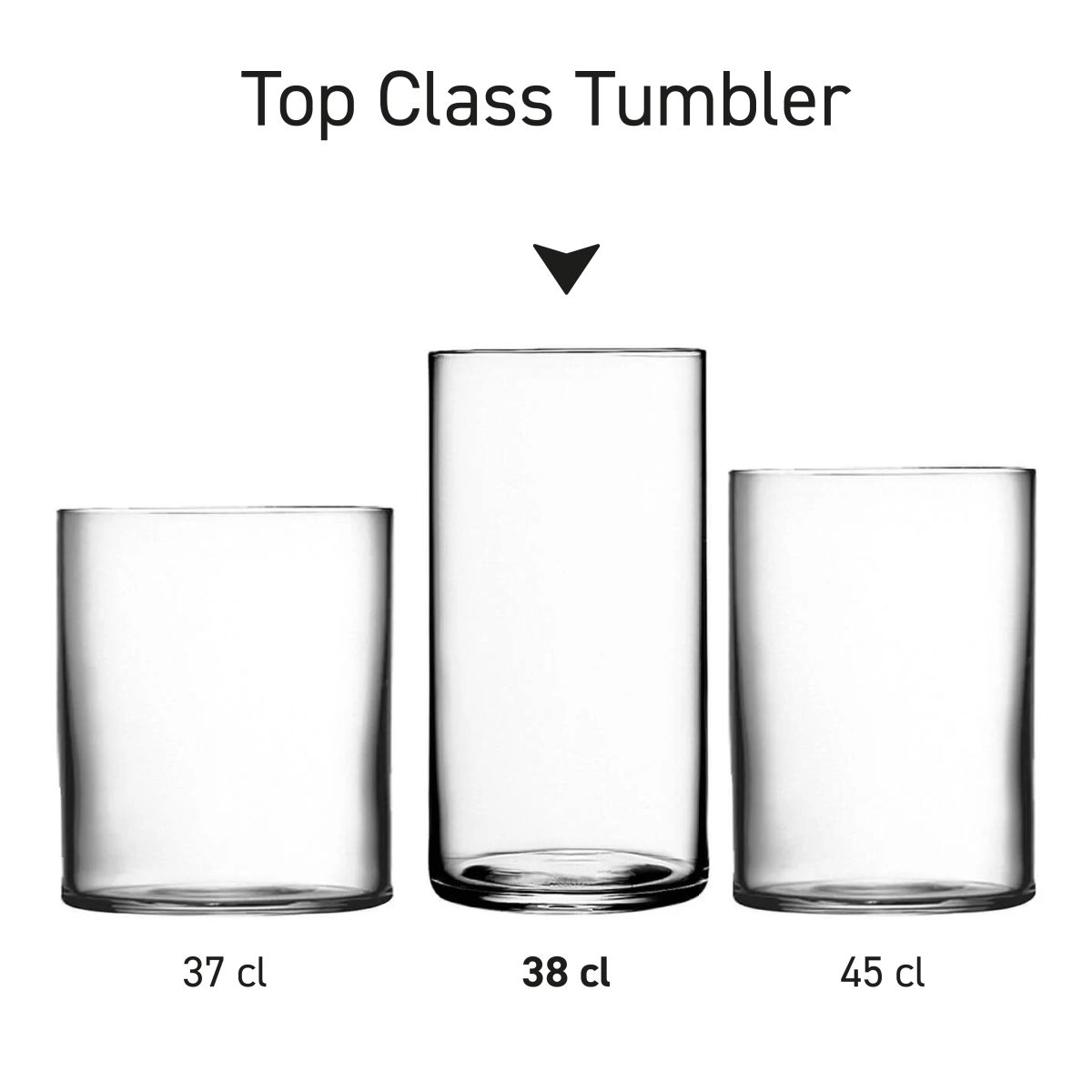 Infographic met afmetingen van de Top Class tumbler transparant drinkglas met duidelijk maatoverzicht.