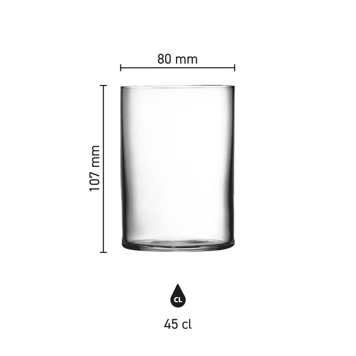 Infographic met productafmetingen van de Top Class Tumbler 45 cl. een glazen tumbler met maatverdeling.
