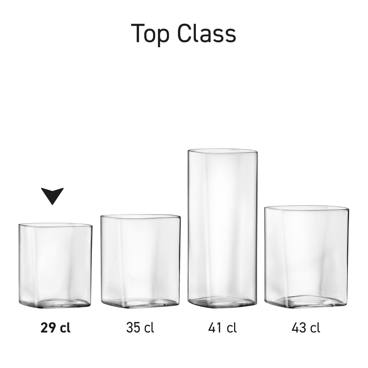 Serie van Top Class Tumbler vierkant glazen, getoond als meerdere transparante tumblers naast elkaar.