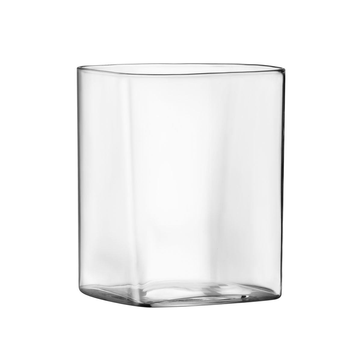 Vooraanzicht van de Top Class Tumbler vierkant 35 cl. een transparant drinkglas met rechte hoeken en stevige bodem.