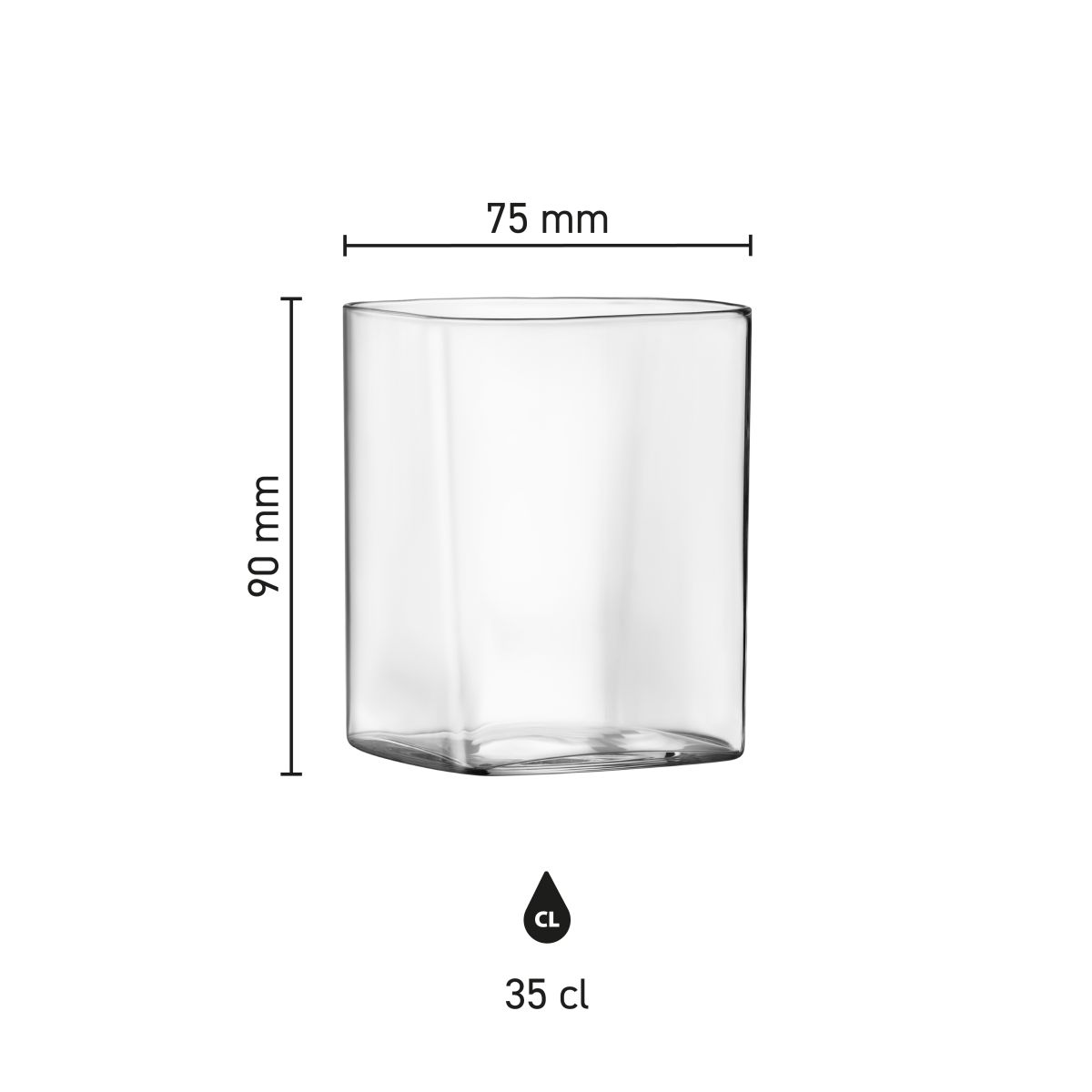 Top Class Tumbler vierkant 35 cl in serie opgesteld, met meerdere glazen tumblers in een rij.