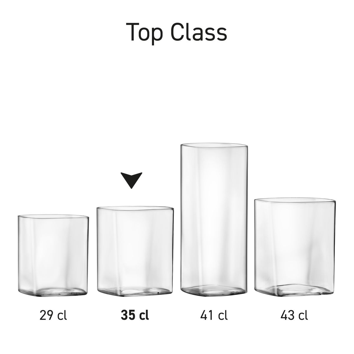 Overzicht van de afmetingen van de Top Class Tumbler vierkant, weergegeven bij het vierkante glas.