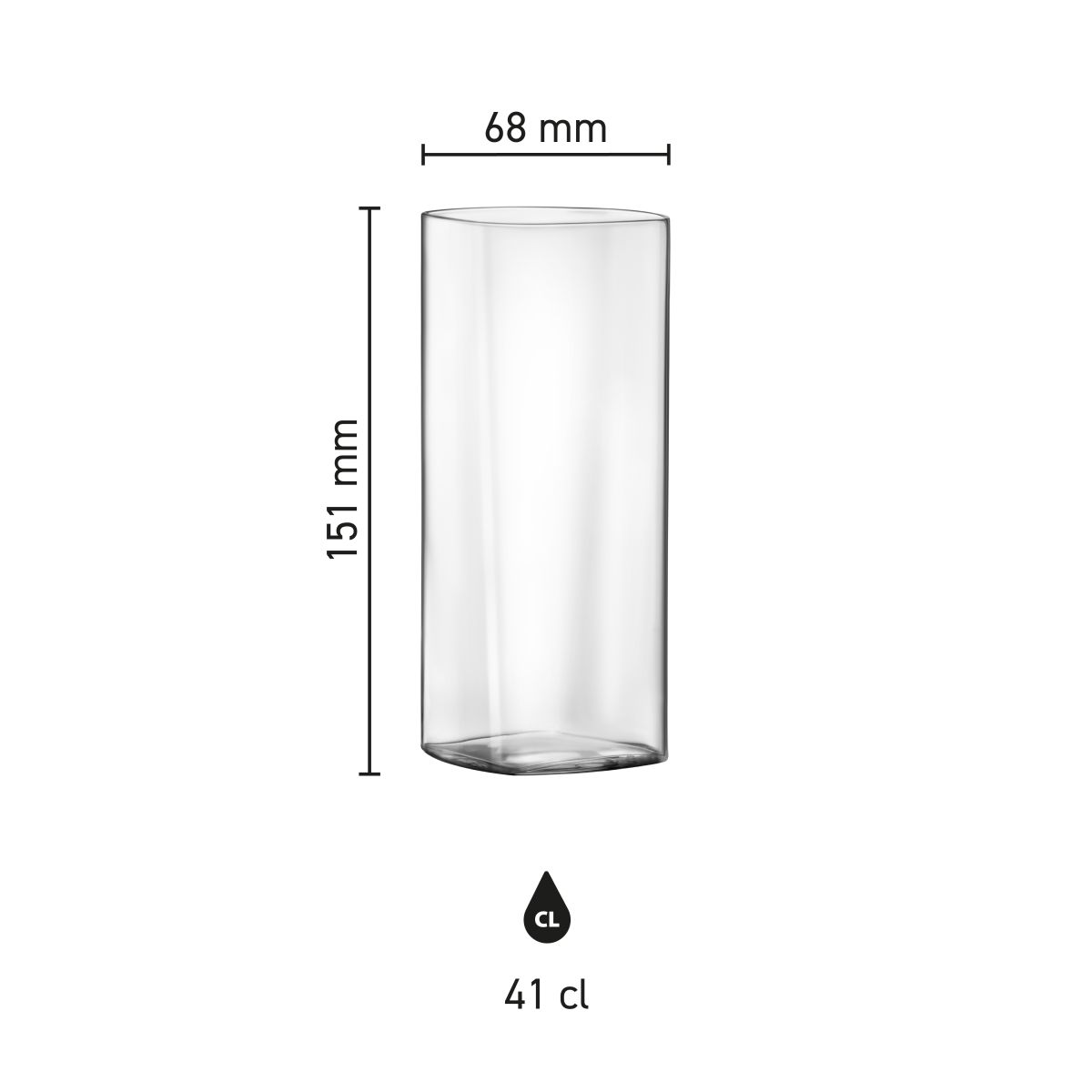 Infographic met productafmetingen van de Top Class Tumbler vierkant 41 cl. weergegeven bij het glazen drinkglas.