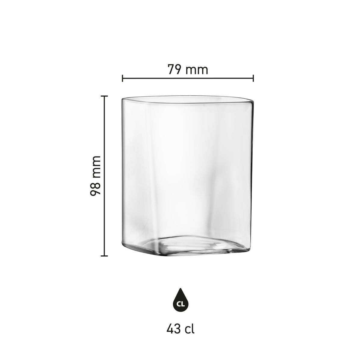 Infographic met productafmetingen van de Top Class Tumbler vierkant 43 cl. weergegeven bij het glazen drinkglas.