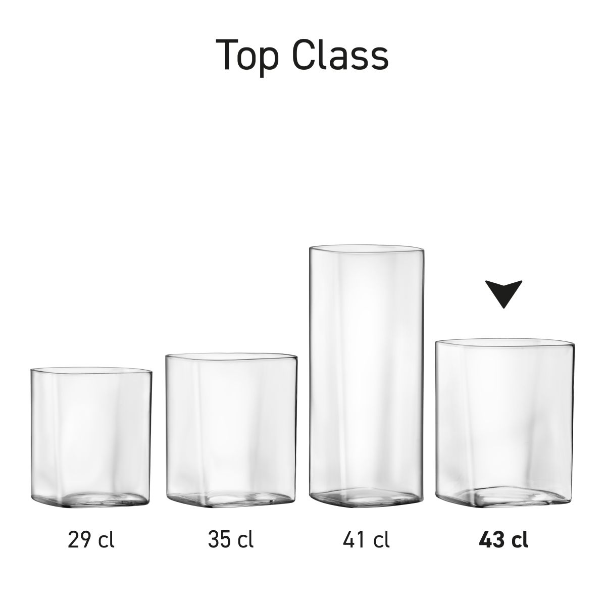 Serie van Top Class Tumbler vierkant glazen, getoond als meerdere transparante tumblers naast elkaar., foto 3