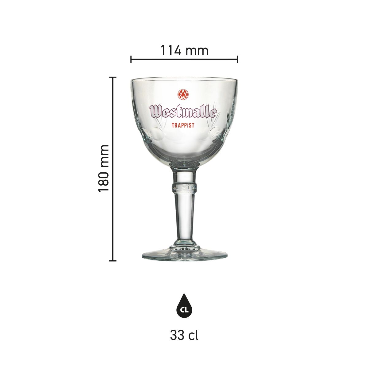 Infographic van Westmalle bierglas 33 cl in glas met afmetingen zoals hoogte en diameter weergegeven.