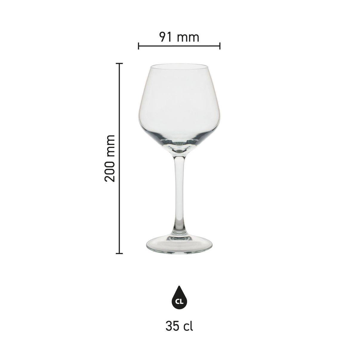 Infografiek toont de afmetingen van het Arome wijnglas 35 cl met hoogte- en diameterverdeling.