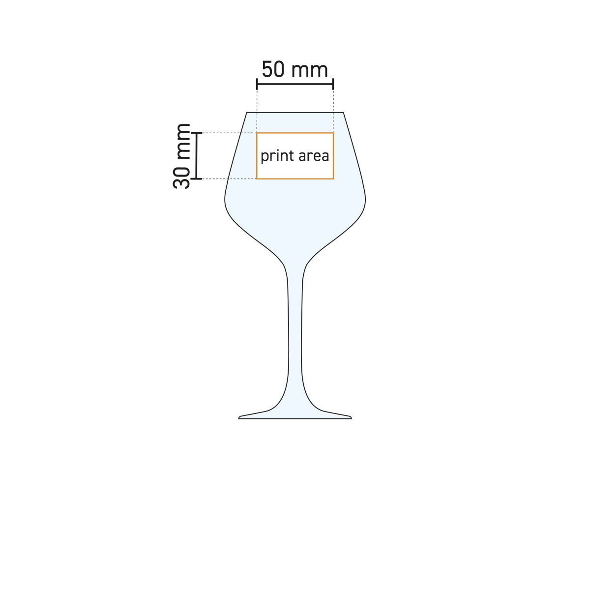 Technische werktekening van het Arome wijn 50 cl. glas met gemarkeerd drukgebied.