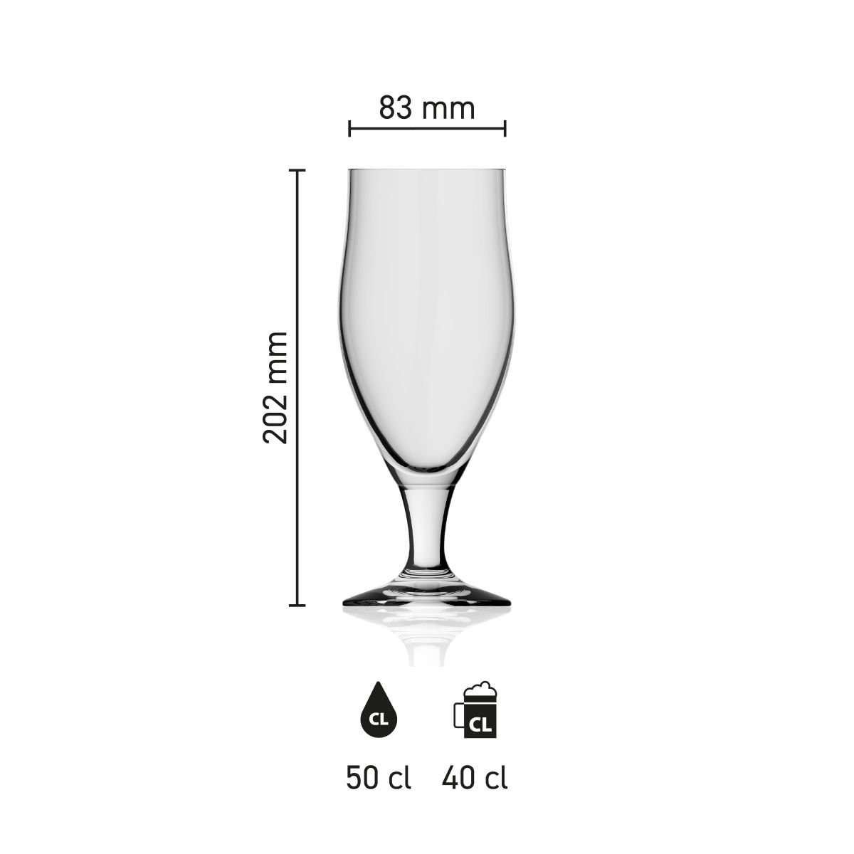 Maatvoering van het Bierglas Avano 50 cl glas met hoogte, diameter en inhoud in infographic