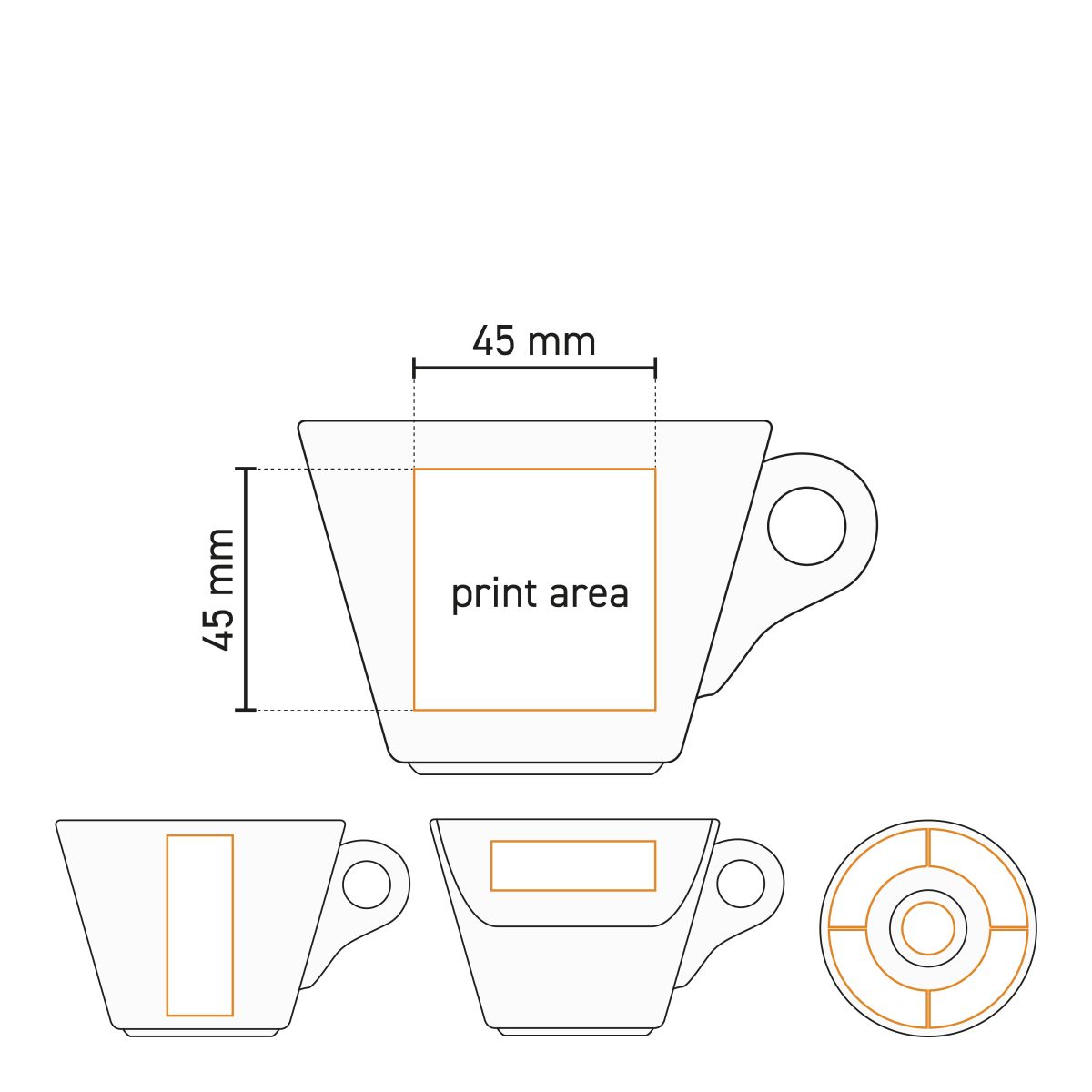 Technische werktekening van drukgebied op Baristo Cappuccino 21 cl. SET met logopositie op kop en schotel.