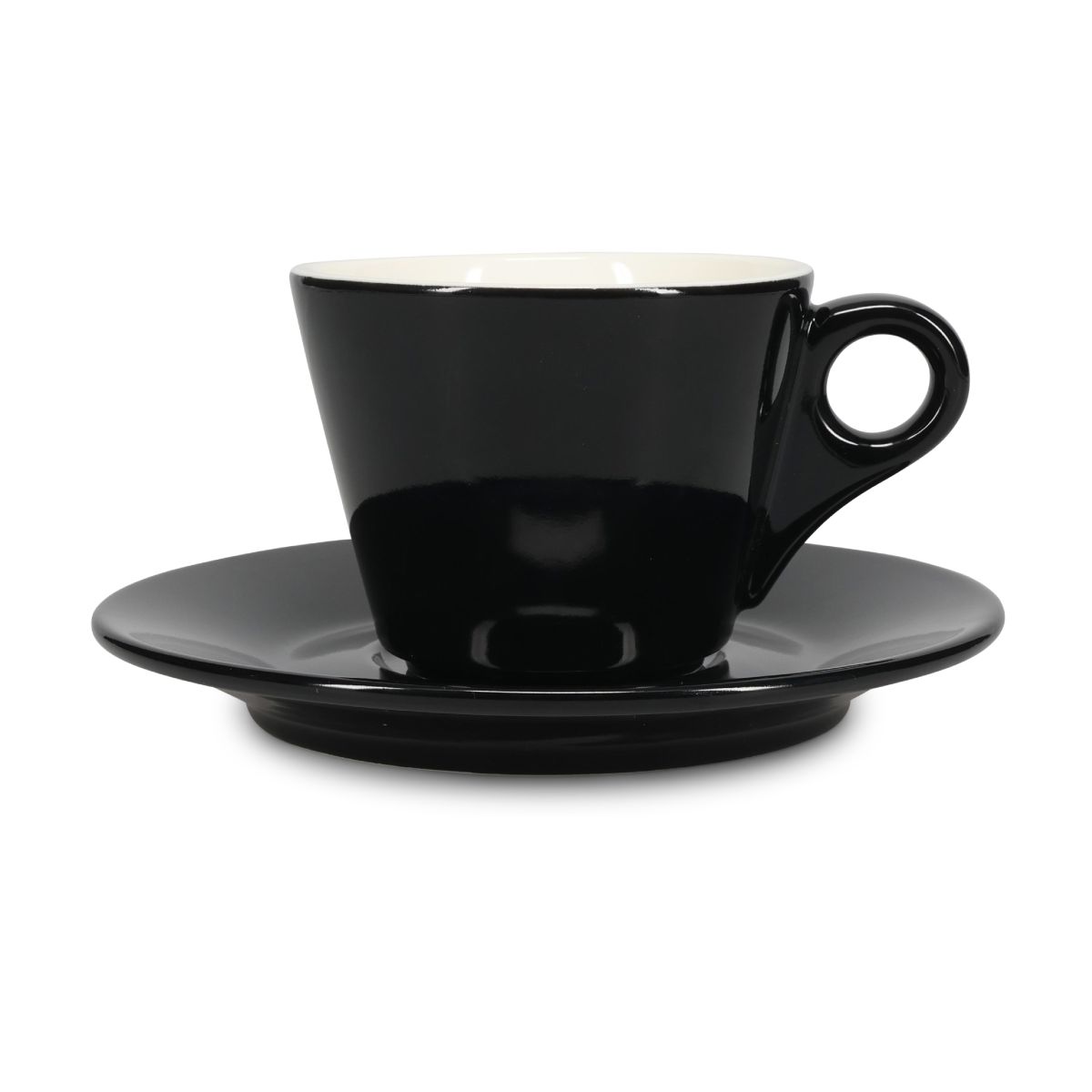 Vooraanzicht van Baristo Cappuccino 21 cl. SET porselein met zwart-wit kopje en bijpassende schotel.