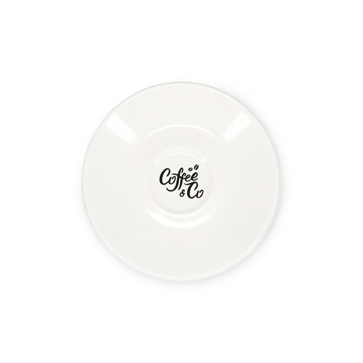 Porseleinen espressoschotel van 12,5 cm met enkelkleurig CoffeeCo-logo op het middenvlak.