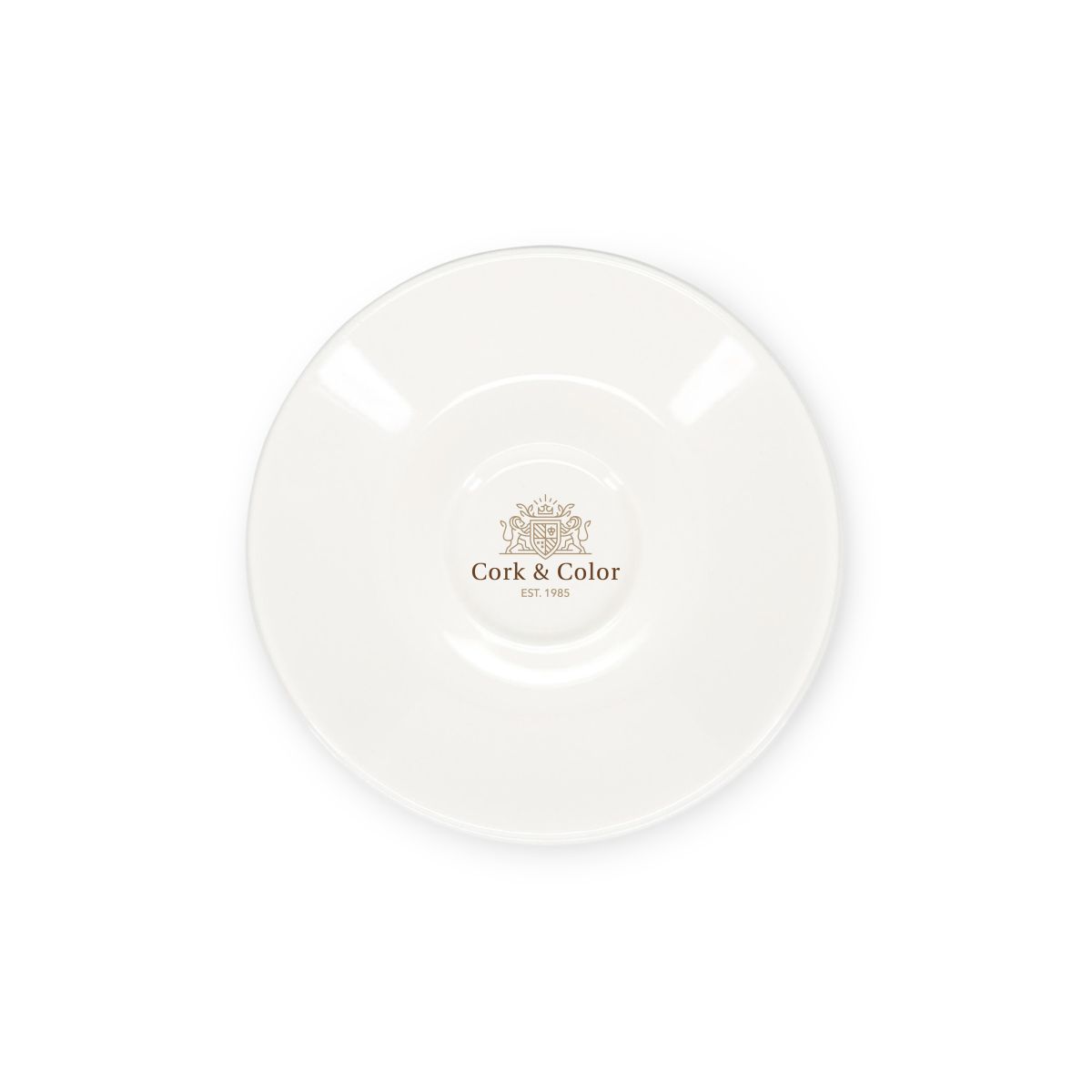 Baristo Espresso Schotel 12,5 cm van porselein met meerkleurig CorkColor-logo in het centrum.