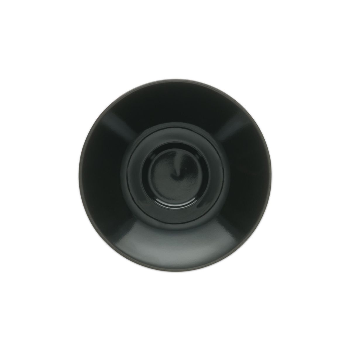 Ronde Baristo Espresso Schotel van 12,5 cm in zwart porselein, weergegeven in frontaal aanzicht.
