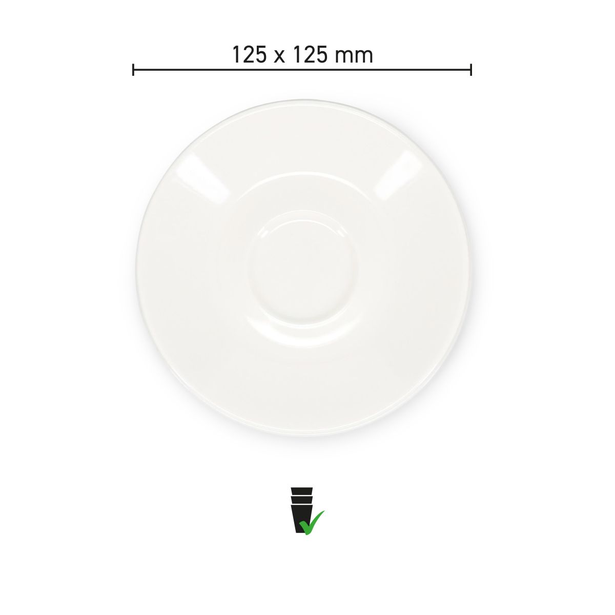 Infografiek toont diameter en vormdetails van Baristo Espresso Schotel 12,5 cm porselein.