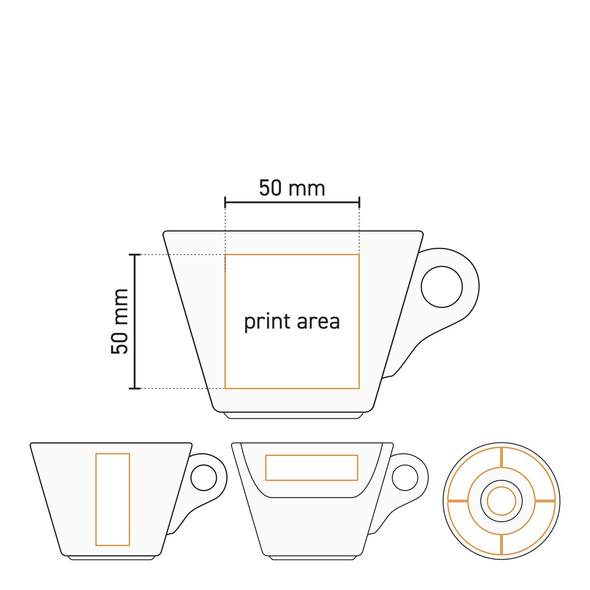 Technische werktekening met drukgebied voor opdruk op Baristo Latte 28 cl porseleinset.