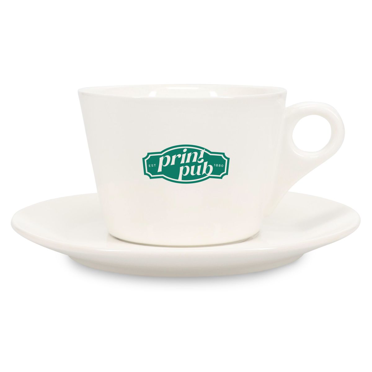 Baristo Latte porseleinset met kopje van 28 cl. voorzien van een enkelkleurig PrintPub-logo.