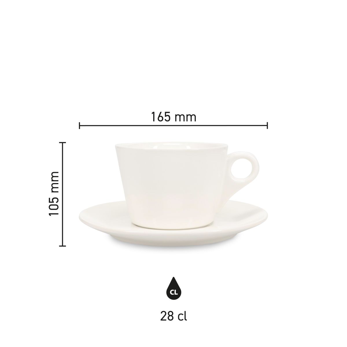 Schematische weergave met maten en verhoudingen van de Baristo Latte 28 cl set in porselein.