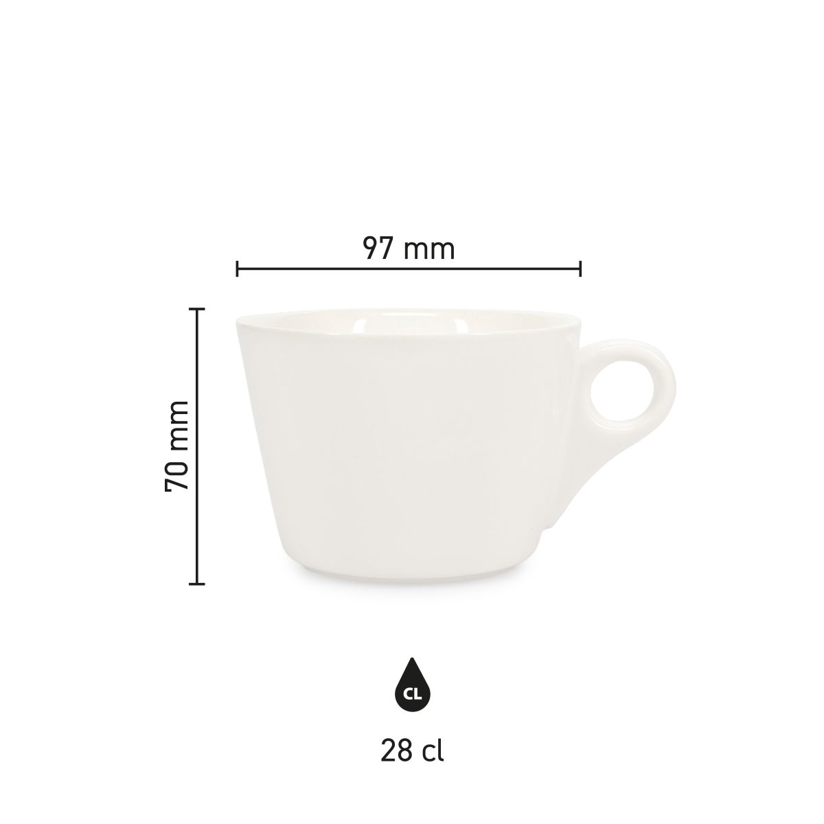 Infografiek met hoogte, diameter en inhoud van porseleinen Baristo Latte Kop 28 cl.
