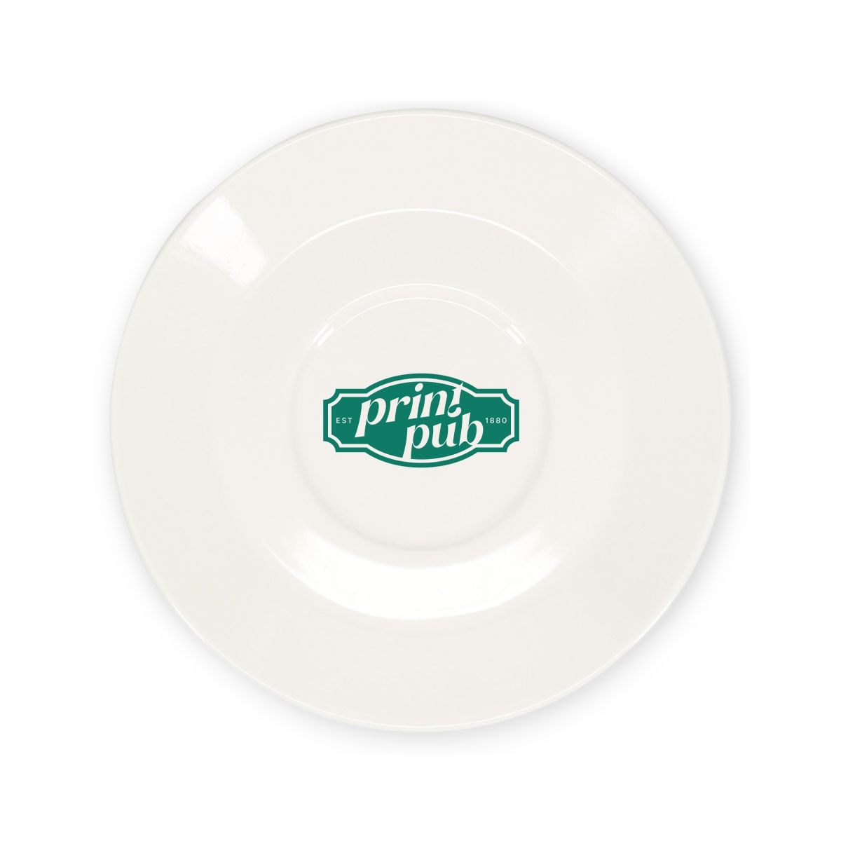 Porseleinen Baristo Latte Schotel 16,5 cm met centraal geplaatst PrintPub-logo in één kleur.