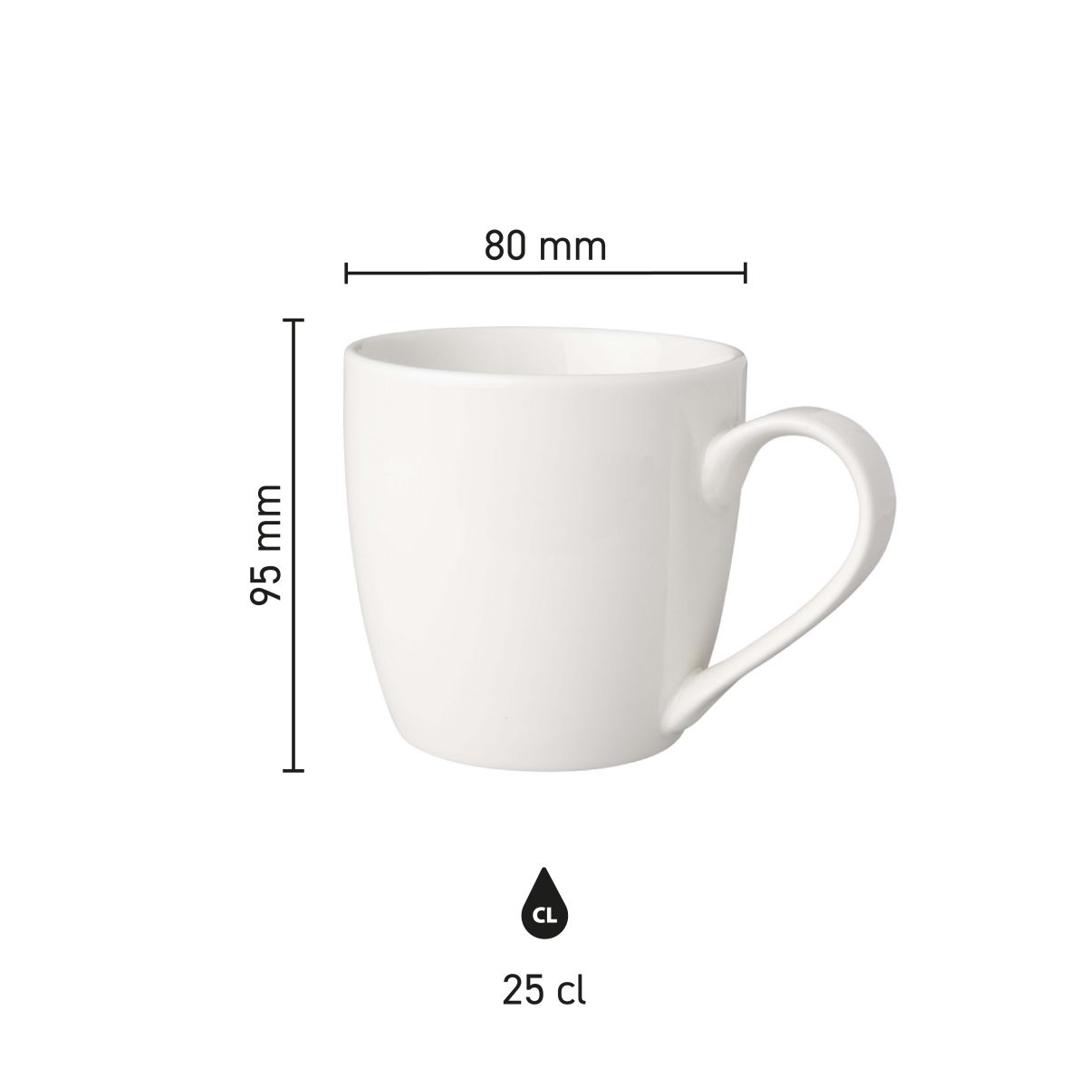 Infographic met afmetingen van witte porseleinen Budgetline Neo beker 25 cl.