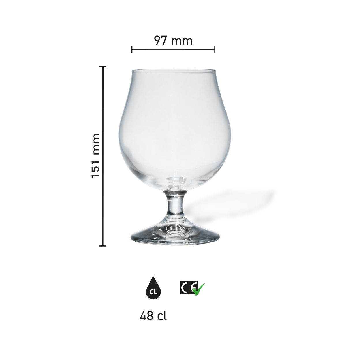 Infographic toont productafmetingen van Breughel bierglas 48 cl., met hoogte en diameter in detail.