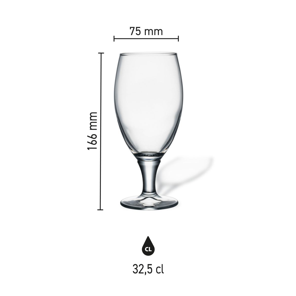 Maatvoering van het Bierglas Cheers 32,5 cl glas met hoogte, diameter en inhoud in infographic