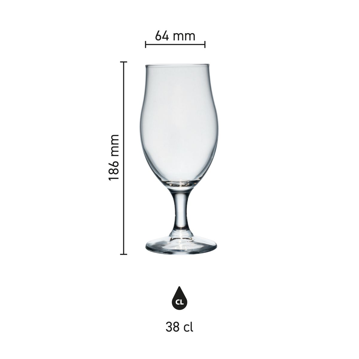 Maatvoering van het Bierglas Executive 38 cl glas met hoogte, diameter en inhoud in infographic