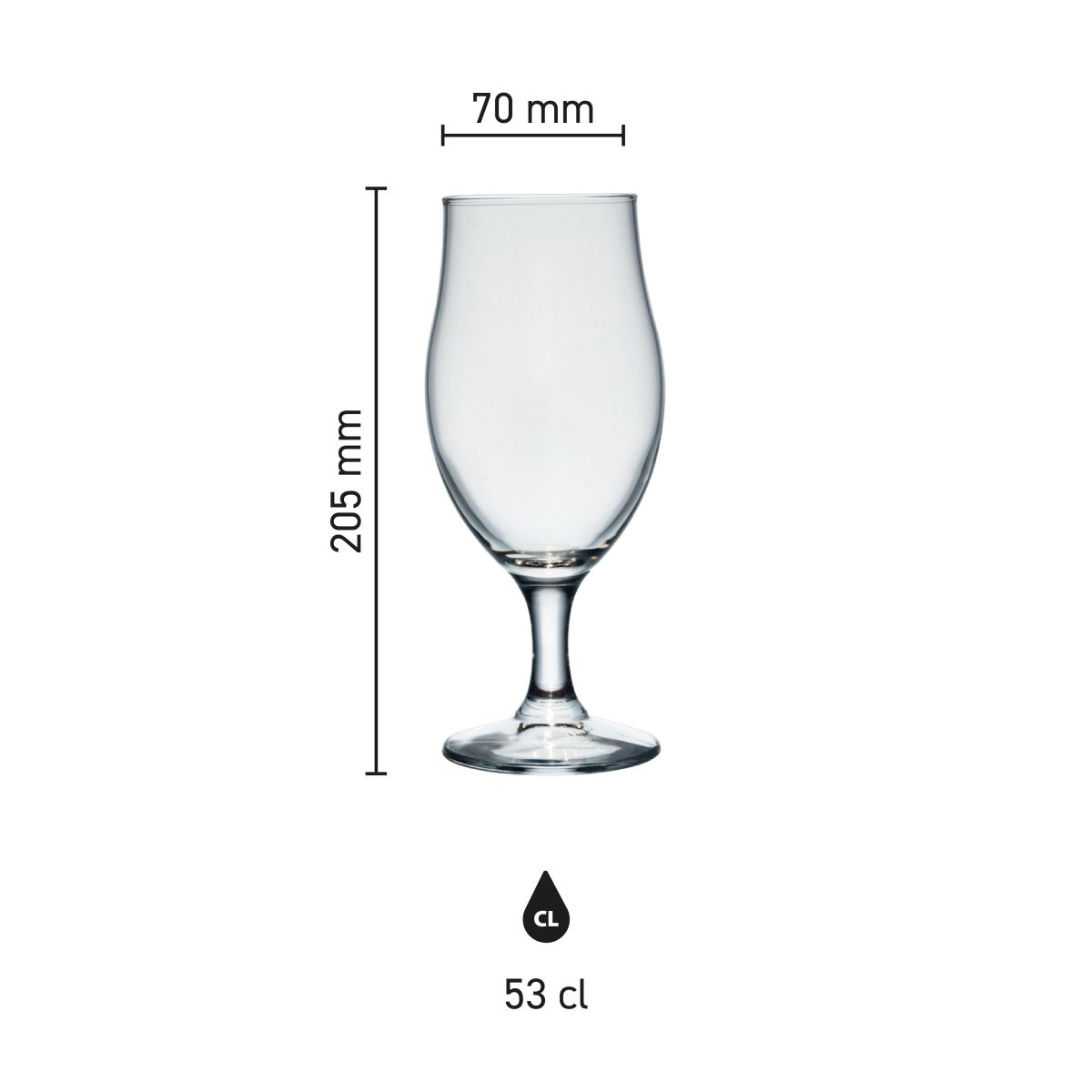Maatvoering van het Bierglas Executive 53 cl glas met hoogte, diameter en inhoud in infographic