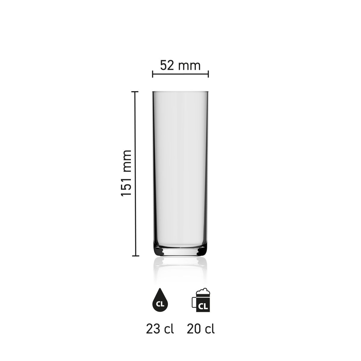 Maatvoering van het Bierglas Kölsch 23 cl glas met hoogte, diameter en inhoud in infographic
