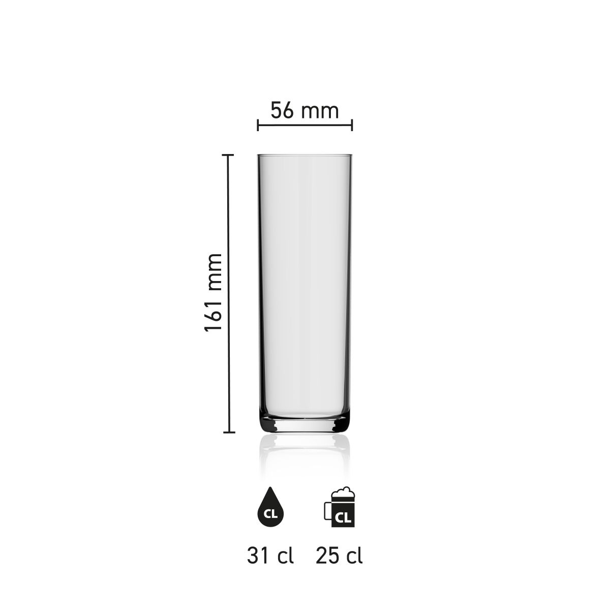 Maatvoering van het Bierglas Kölsch 31 cl. glas met hoogte, diameter en inhoud in infographic