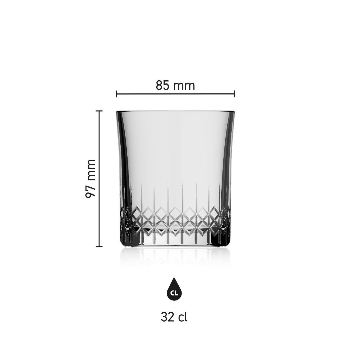 Maatvoering van het Bierglas Mao 32 cl. met hoogte, diameter en inhoud in infographic