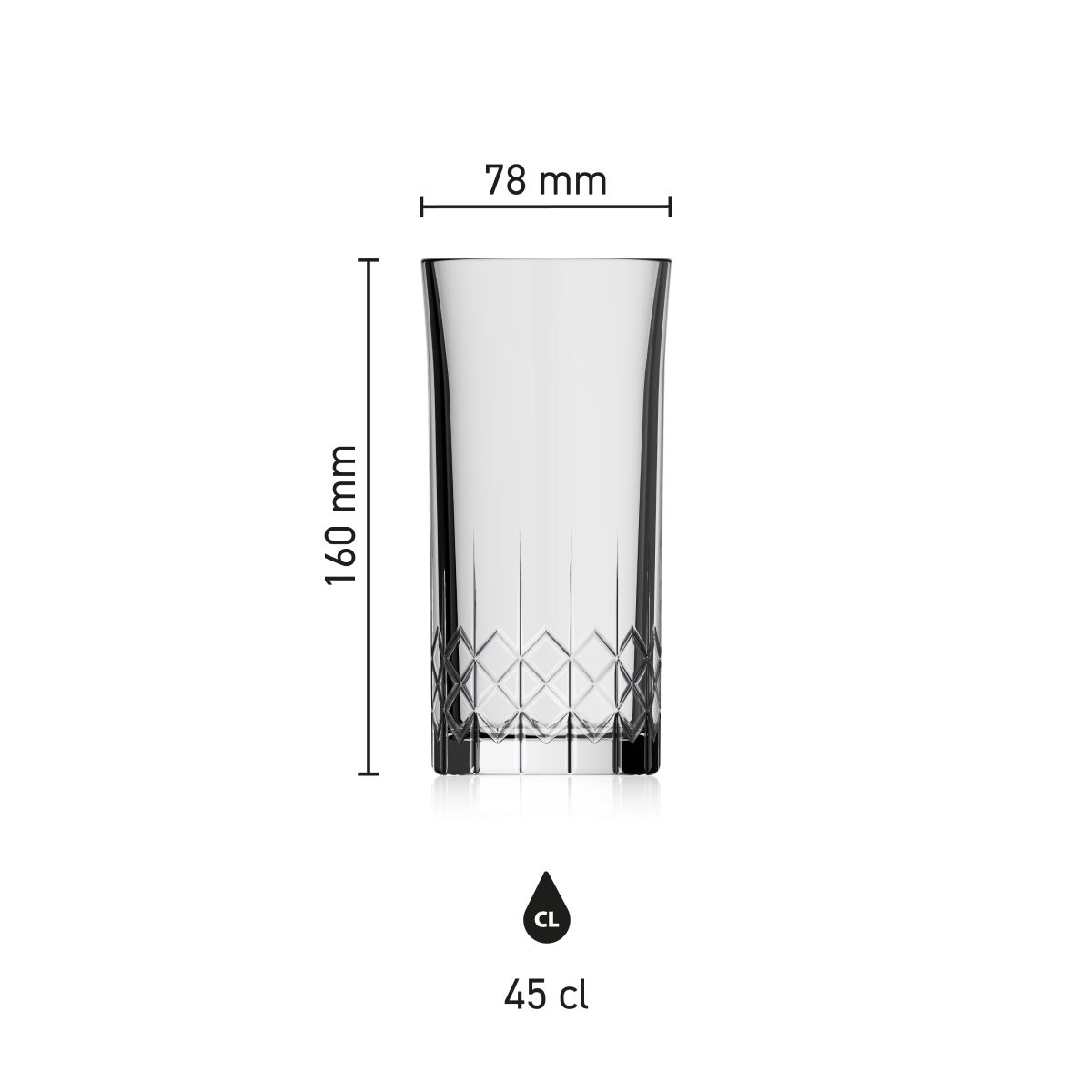 Maatvoering van het Bierglas Mao 45 cl. met hoogte, diameter en inhoud in infographic