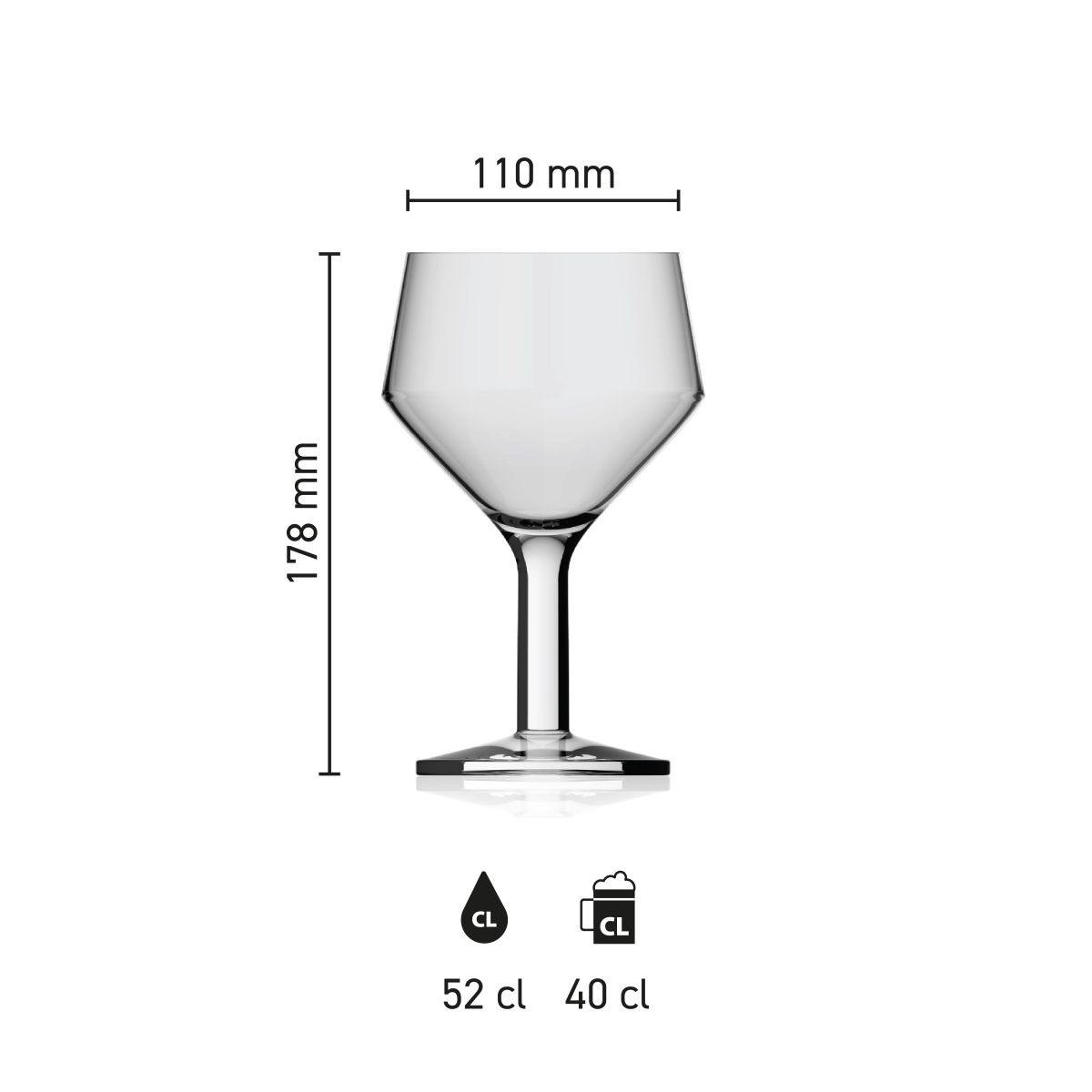 Maatvoering van het Bierglas Pater 52 cl. glas met hoogte, diameter en inhoud in infographic