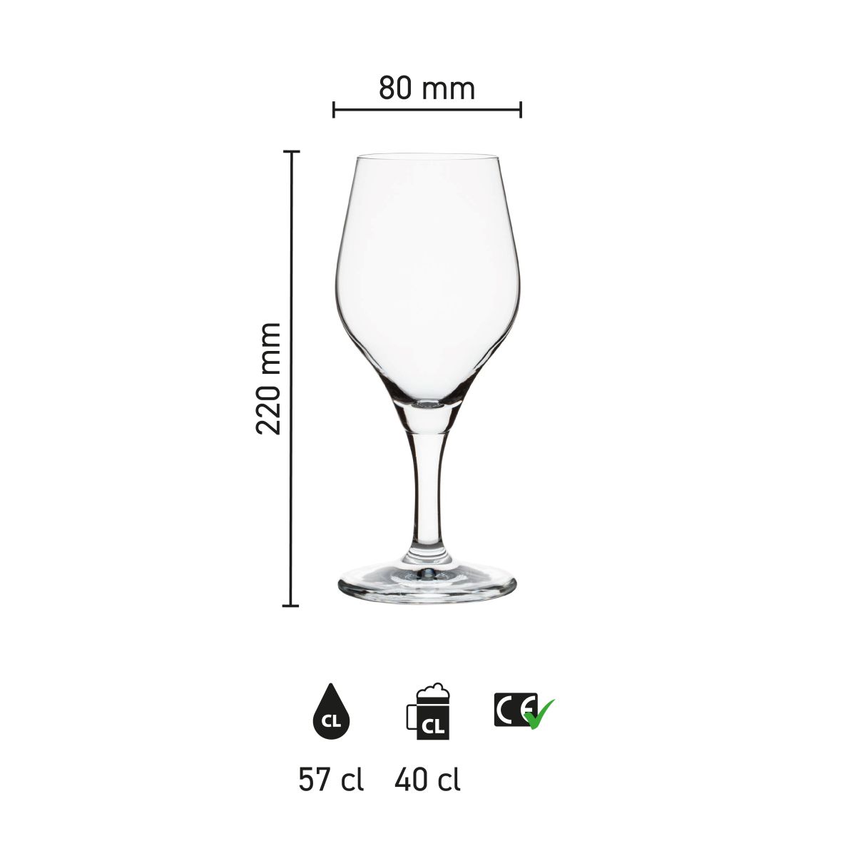 Maatvoering van het transparante Bierglas Ronceva op voet 57 cl met hoogte, diameter en inhoud in infographic