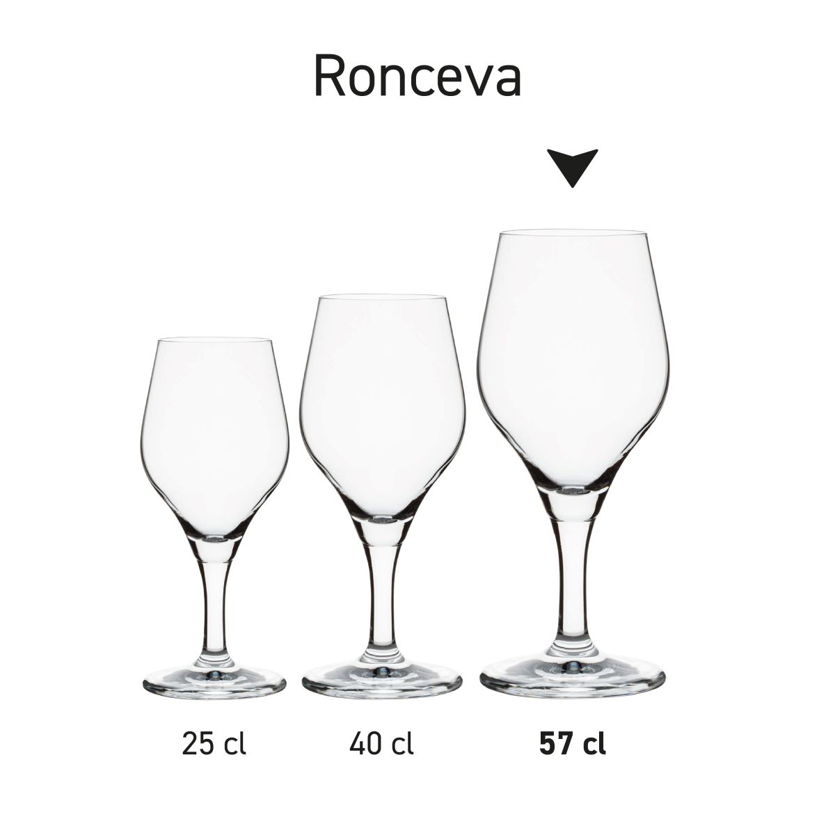 Bierglas Ronceva op voet 57 cl glas in serie, meerdere exemplaren met verschillende inhoudsmaten naast elkaar getoond