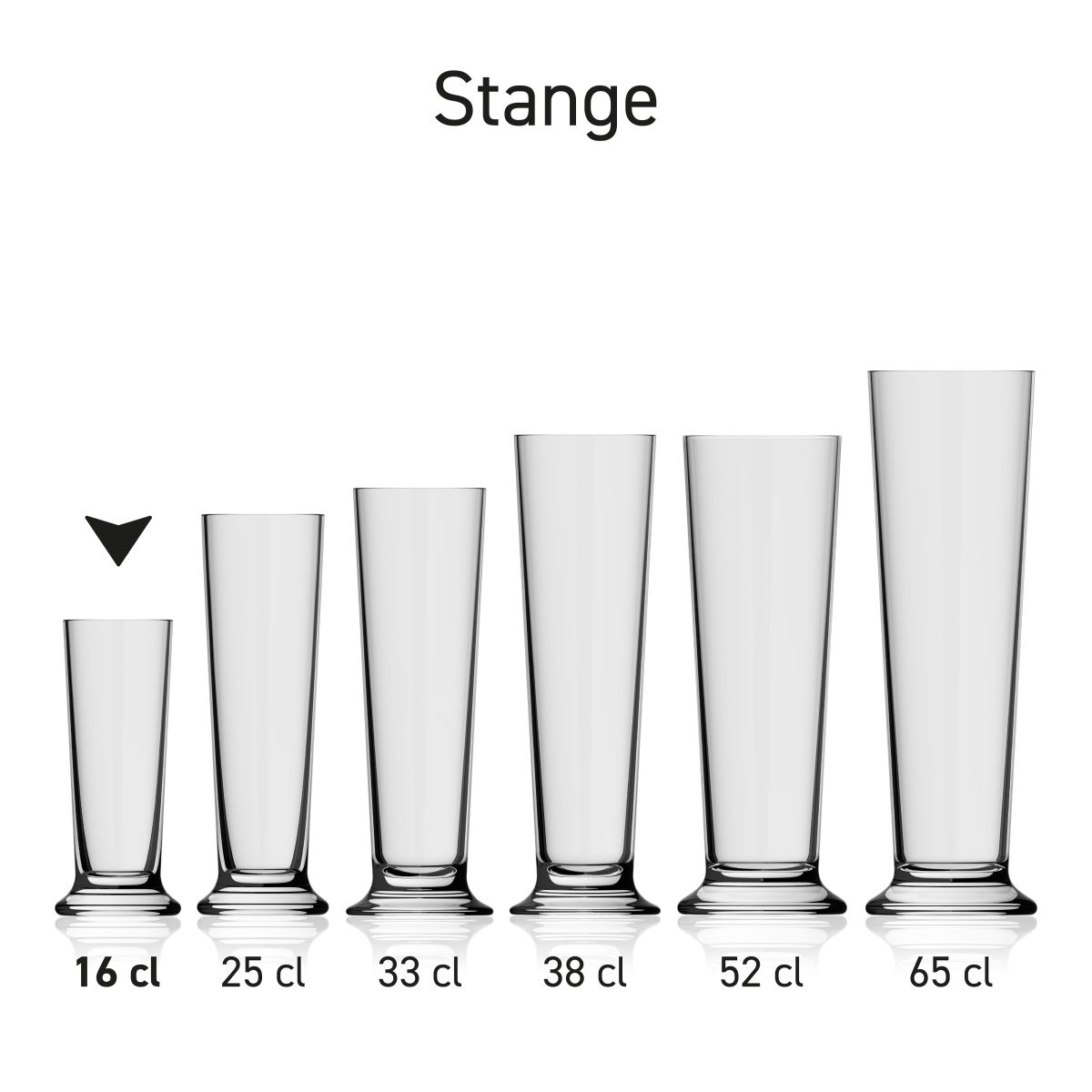 Bierglas Stange 16 cl glas in serie, meerdere exemplaren naast elkaar getoond
