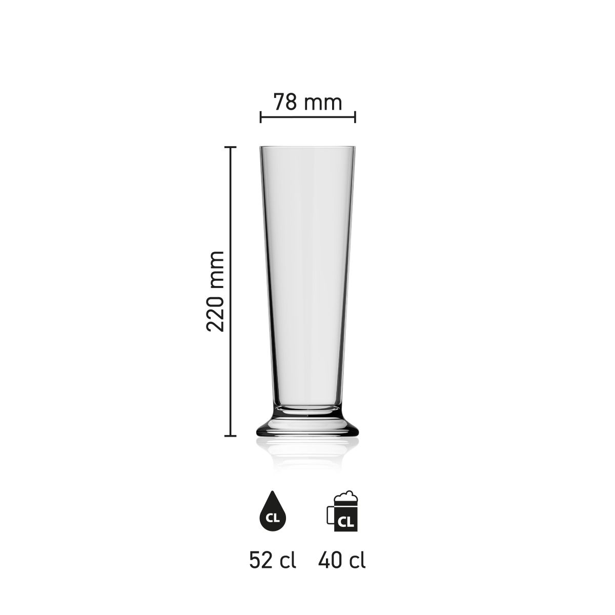 Maatvoering van het Bierglas Stange 52 cl. met hoogte, diameter en inhoud in infographic