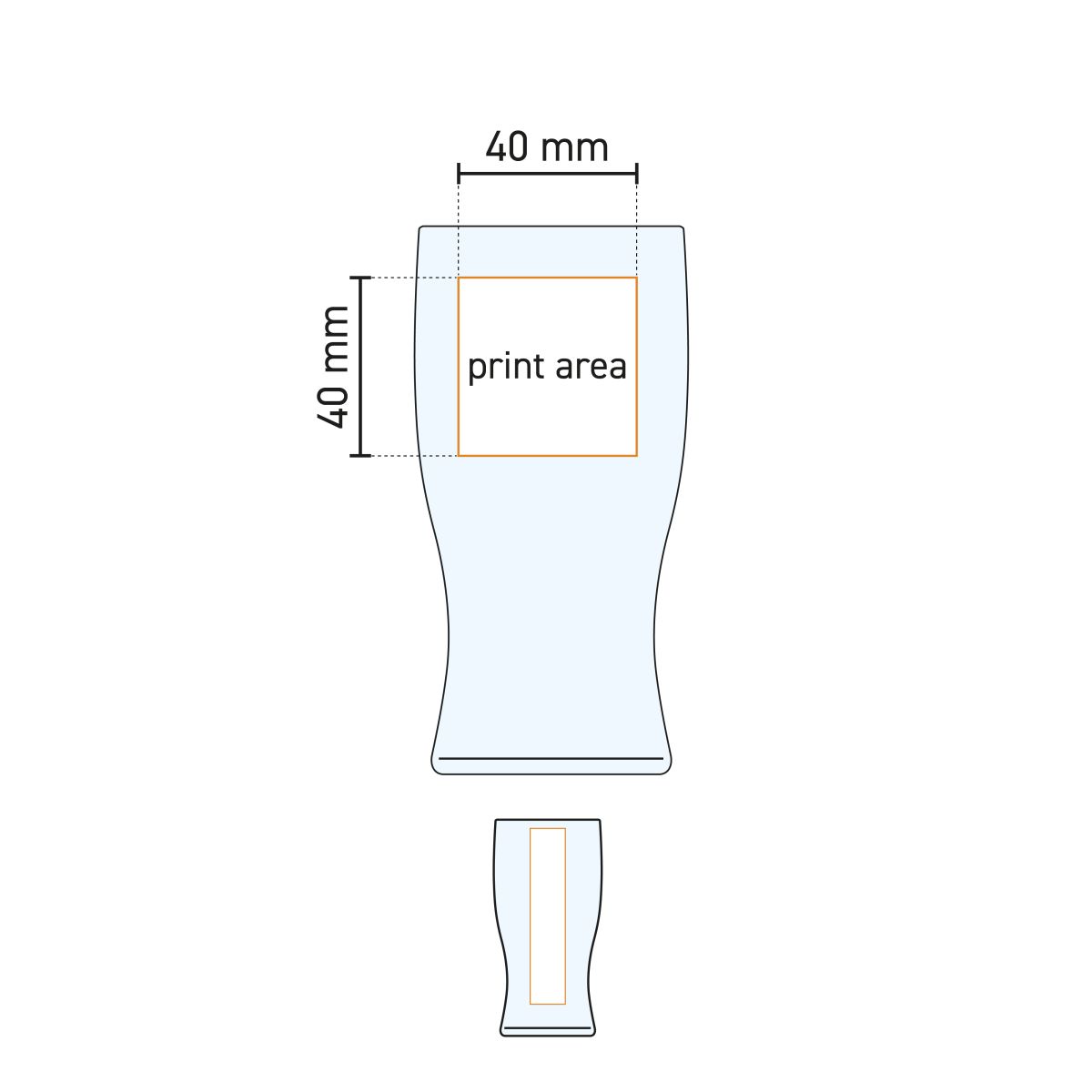 Werktekening toont drukgebied op bierglas Tulip stapel 28 cl, met gemarkeerde bedrukbare zones.