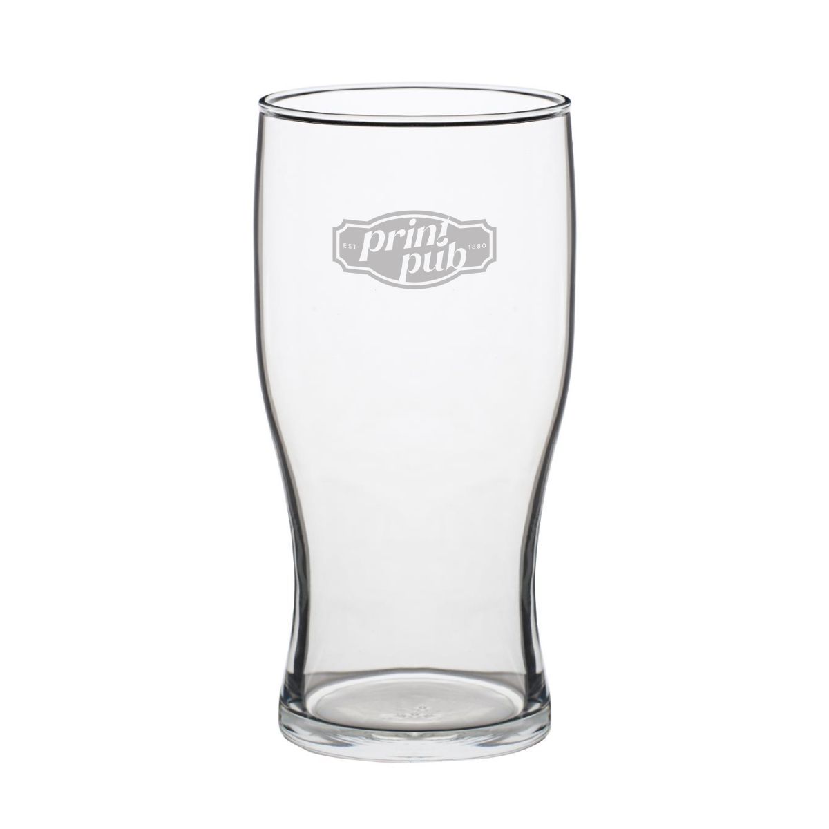 Gravure van PrintPub-logo op voorzijde van bierglas Tulip stapel 28 cl, zichtbaar op helder stapelbaar glas.