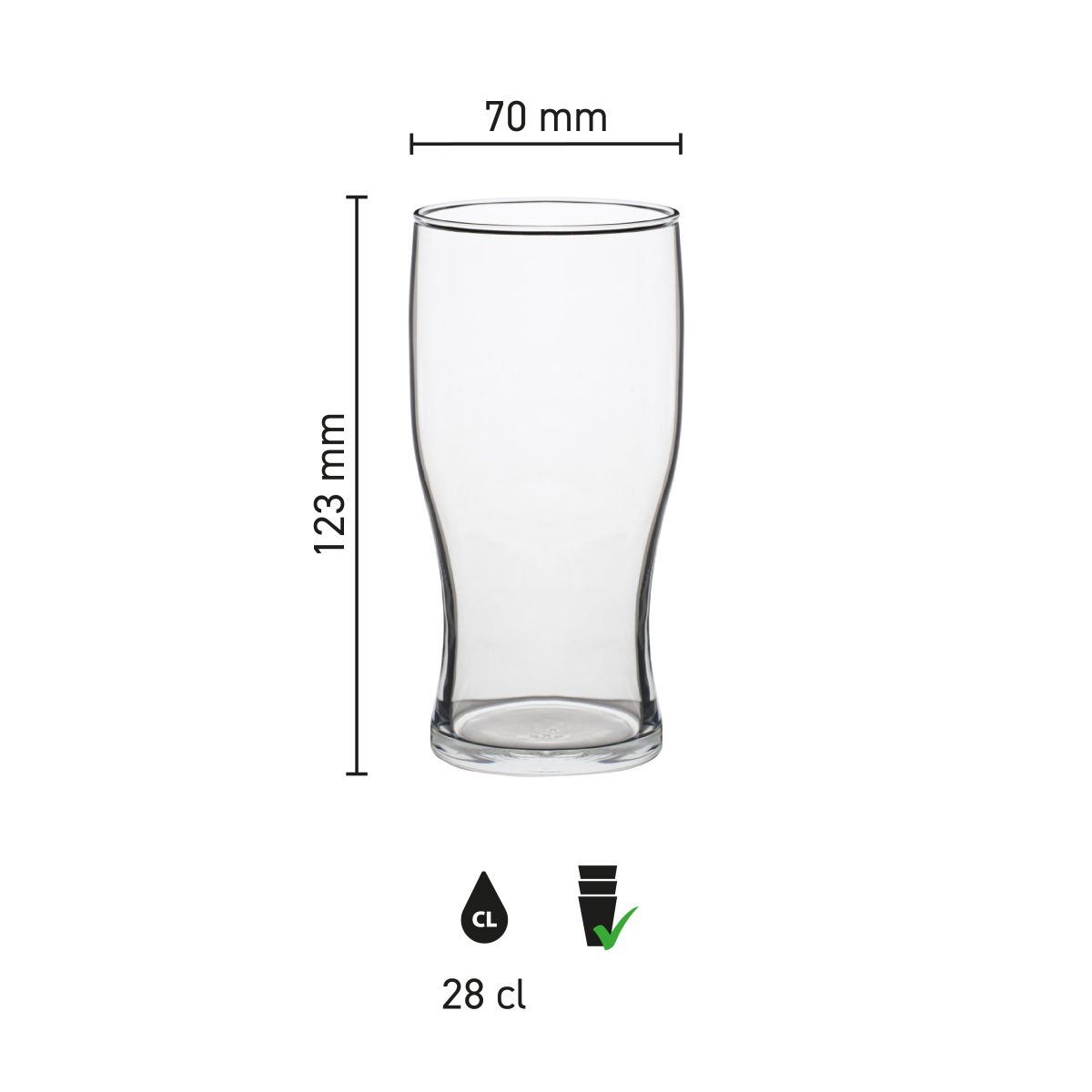 Infographic met afmetingen van bierglas Tulip stapel 28 cl, inclusief hoogte en diameter in overzicht.