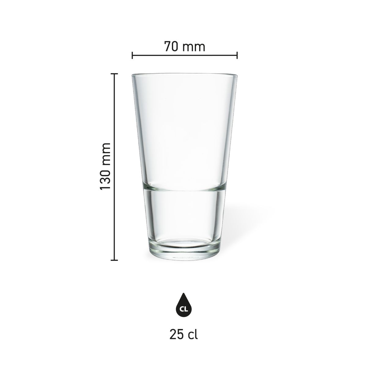Maatvoering van het Bierglas Vaasje stapel 25 cl. van glas met hoogte, diameter en inhoud in infographic