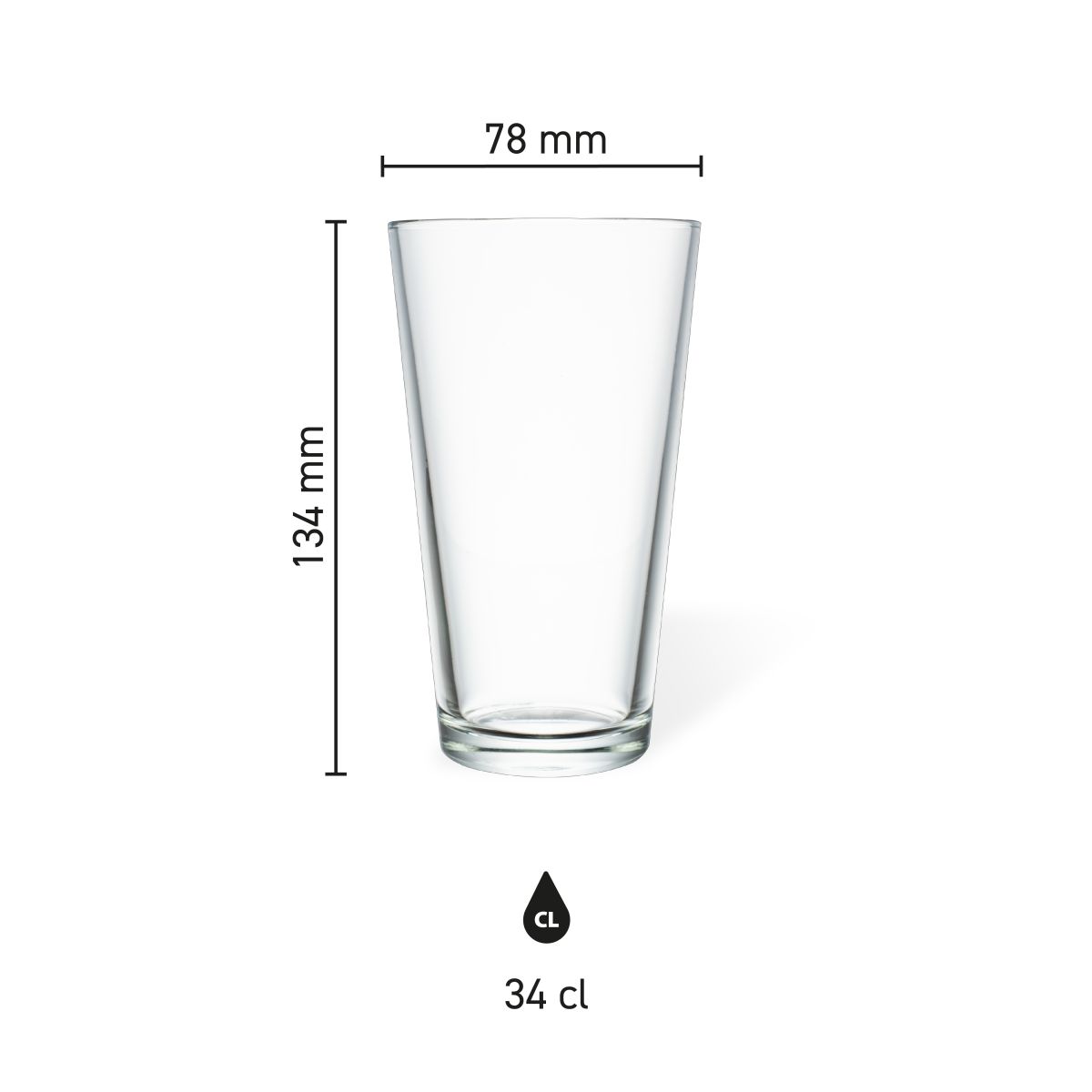 Productafmetingen van het bierglas Vaasje 34 cl. weergegeven in een technische infographic.