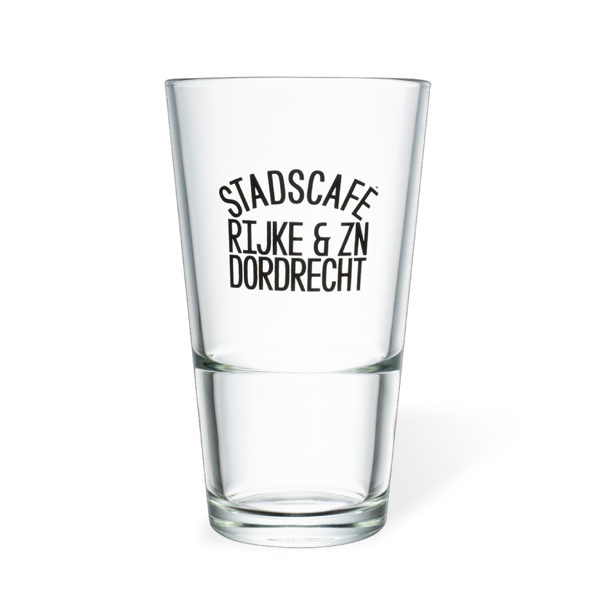 Transparant bierglas Vaasje Stapel 34 cl glas met eenkleurig logo van Stadscafé Rijke & zn Dordrecht op het voorpaneel
