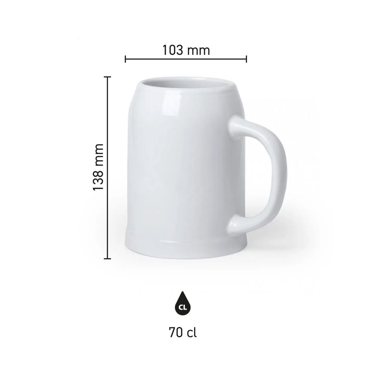 Infographic toont de productafmetingen van de bierpul Hamburg 70 cl. vervaardigd uit porselein.